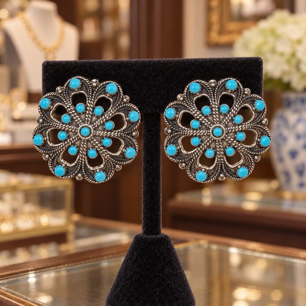 Vintage Pawn TURQUOISE PETIT POINT Sterling Silver EARRINGS Screw Back